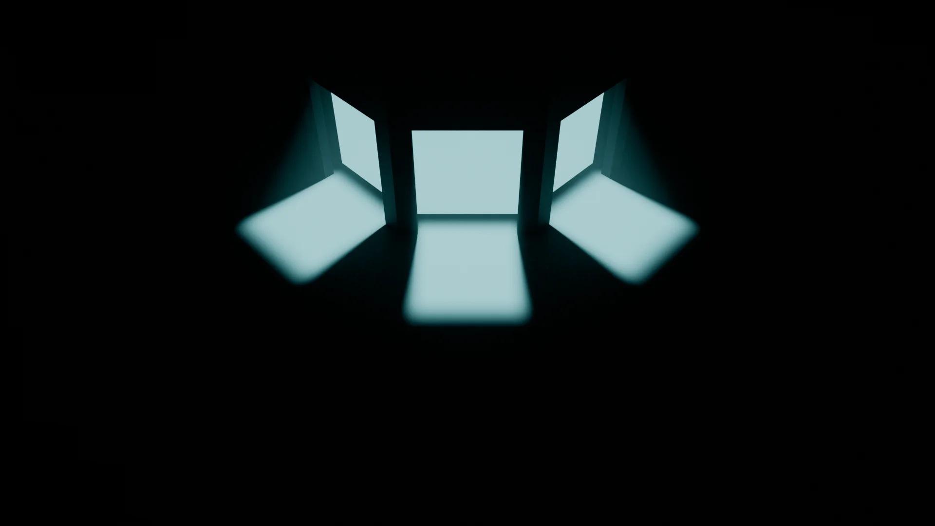 Light falling from three doorways onto a dark floor